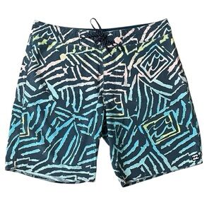 Billabong Surf Trunks Blue Green Board Shorts w/ Geometric Pattern Swim Beach‎
